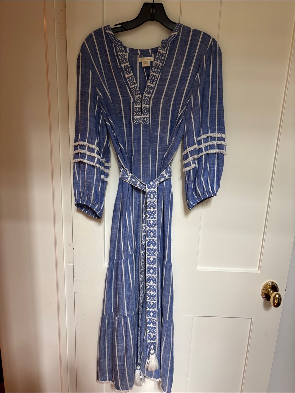 Shoshanna Blue and White Striped Embroidered Maxi Dress